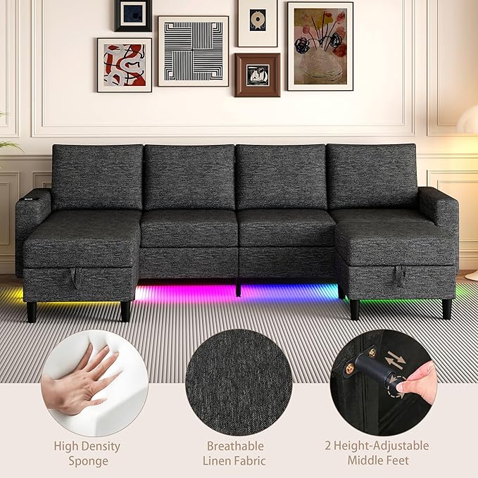 Sectional Couches for Living Room, 4 Seat Sectional Sofa with Smart Module-Wireless Charging/USB/Type-C/RGB Light, U Shaped Couch with Reversible Chaise Lounge/Storage Ottoman (Charcoal Grey)
