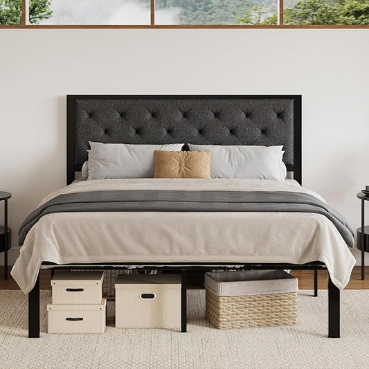 SHA CERLIN Queen Size Metal Platform Bed Frame,Linen Upholstered Button Tufted Headboard, Mattress Foundation with 12.4” Under-Bed Storage, Noise-Free, Easy Assembly, No Box Spring Needed, Dark Grey