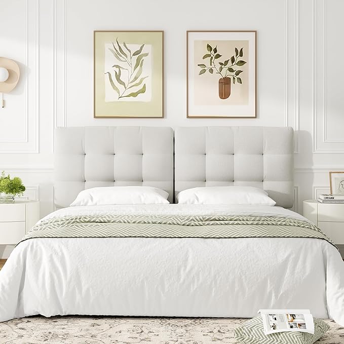 Tufted Upholstered King Headboard, Adjustable Height King Size Headboard Only from 39”to 44” with Durable Solid Wood Legs, Modern Button Diamond Fabric Head Board with Width Adapters, Beige