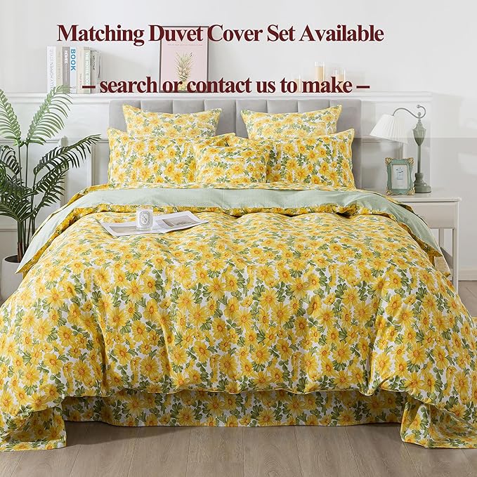 FADFAY Sunflower Sheets Set Queen Vintage Yellow Floral Bedding Rustic Botanical Sheets Shabby Floral Farmhouse Bedding 100% Percale Premium Cotton Soft Deep Pocket Fitted Sheet 4Pcs, Queen Size