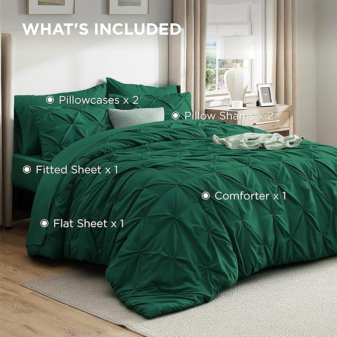 Bedsure Full Comforter Set Dark Green - Bed in a Bag Full Size Bedding Set 7 Pieces, GentleSoft™ Pintuck Bed Set Gift for Family, Pinch Pleat All Season Comforter with Sheets, Pillowcases & Shams