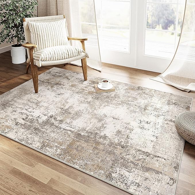 4x5 Washable Area Rug Brown Grey Abstract Entryway Office Throw Rug Neutral Modern Non Slip Soft Low Pile Indoor Carpet for Living Room Bedroom Kitchen Entrance
