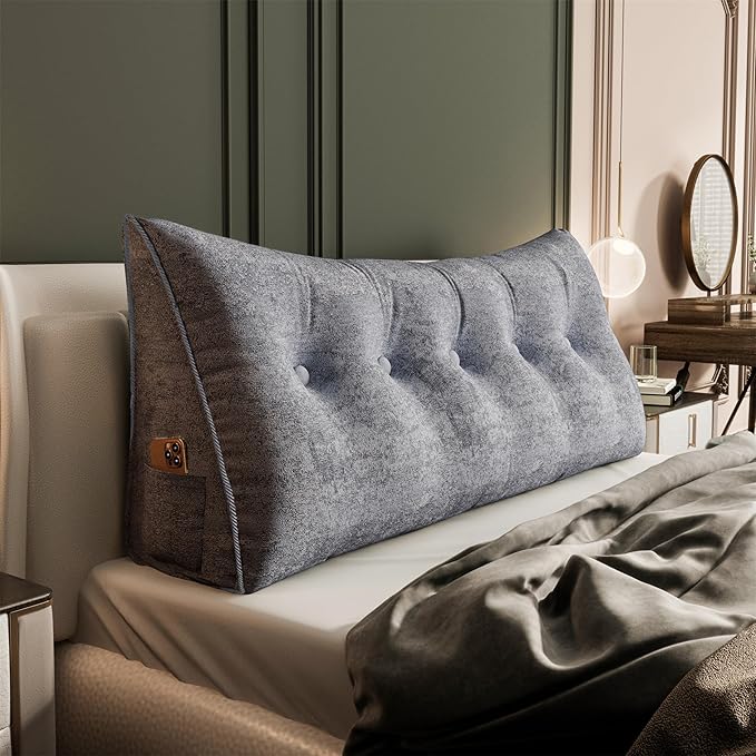 11 lbs Thickened Wedge Pillow Headboard Body Positioner Bed Wedge Pillow Backrest Support Triangular Headboard Pillow for Sleeping with Side Pocket Velvet Positioning Support Light Grey Queen