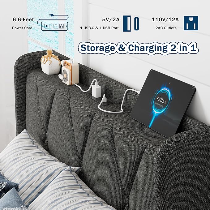 Twin Bed Frame with 4 Storage Drawers, Upholstered Platform Bed with Charging Station, Modern Wingback Storage Headboard, Easy Assembly,Noise-Free, Dark Gray
