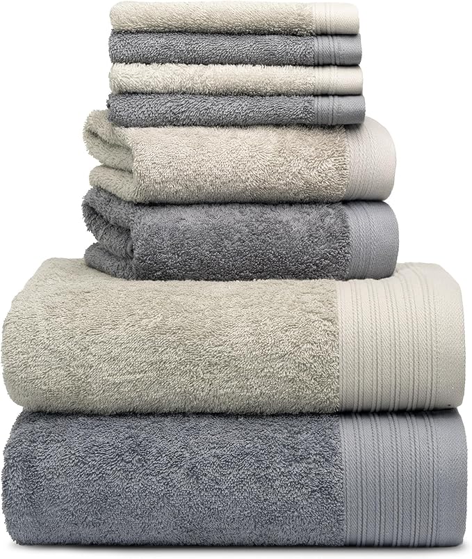 Premium 8 Pieces Towel Set Including 2 Bath Towels 30" x 56", 2 Hand Towels 18" x 30" and 4 Washcloths 13" x 13" - Color: Dark Grey & Silver | Pure Cotton |Machine Washable high Absorbency