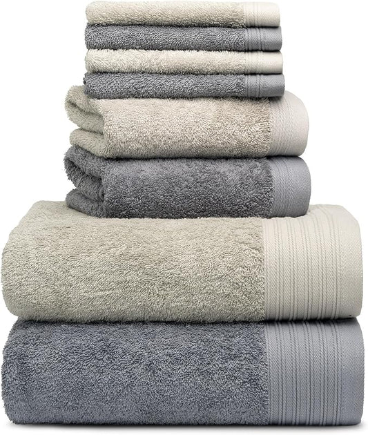 Premium 8 Pieces Towel Set Including 2 Bath Towels 30" x 56", 2 Hand Towels 18" x 30" and 4 Washcloths 13" x 13" - Color: Dark Grey & Silver | Pure Cotton |Machine Washable high Absorbency
