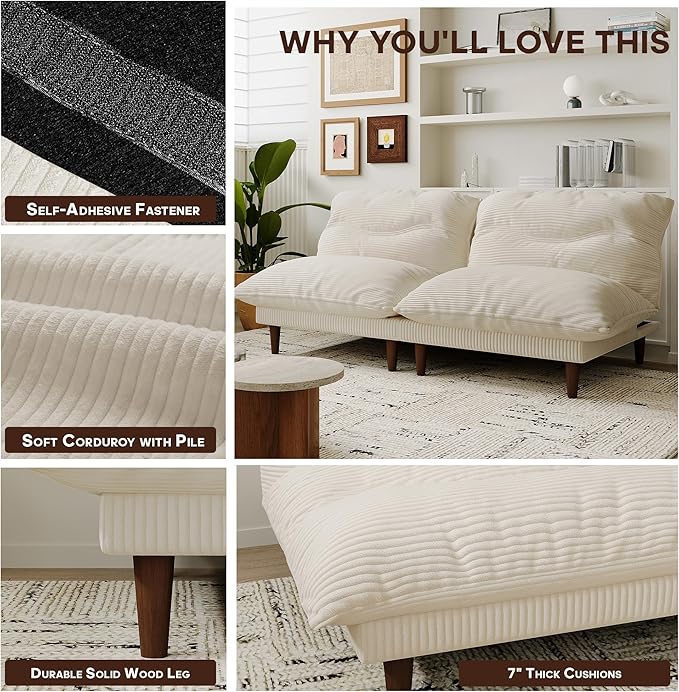Futon Sofa Bed, 4 in 1 Multi-Functional Futon Couch with Adjustable Backrest, Convertible Sleeper Sofa Bed and Recliner Lounge, Loveseat for Living Room, Apartment, Office, 2 Sets, Beige