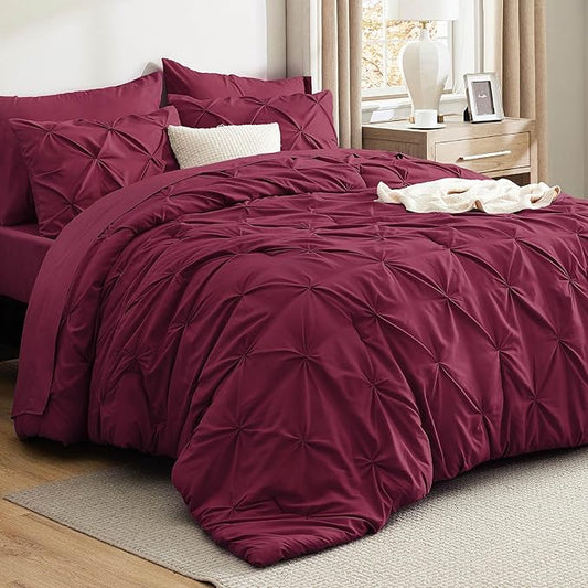 Bedsure King Size Comforter Set Burgundy - Bed in a Bag Bedding Set 7 Pieces, GentleSoft™ Pintuck Bed Set Gift for Family, Pinch Pleat Burgundy Comforter with Sheets, Pillowcases & Shams