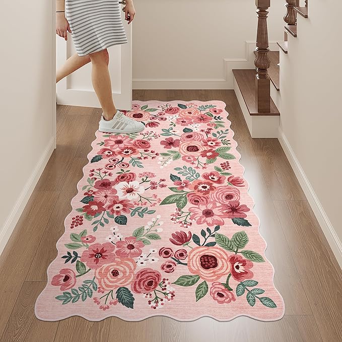 DUKINO 2x4 Washable Runner Rugs, Non Slip Floral Print Entryway Rug with Soft Low Pile, Lightweight Mat for Living Room, Bathroom, Bedroom, Kitchen, Pink