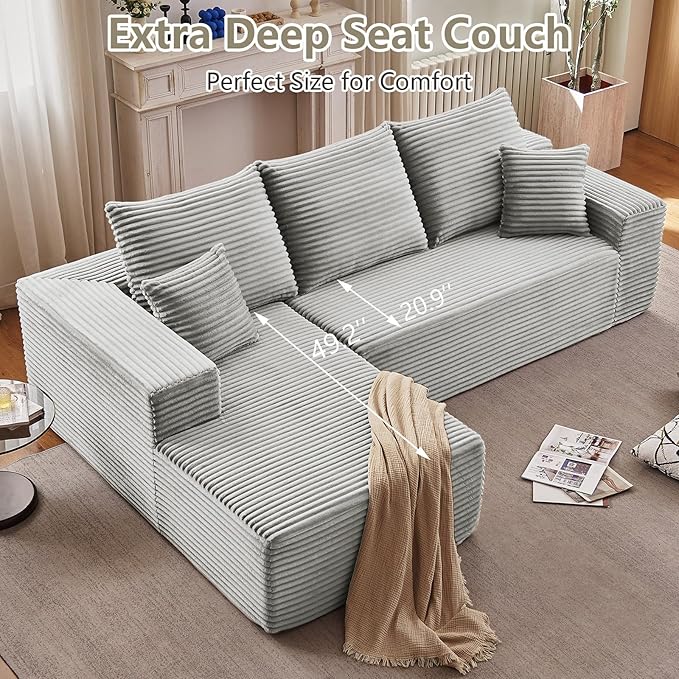 107" Cloud Sectional Couch with L-Shape Chaise, Modern Modular Comfy Sofa with Deep Seat, Upholstered Corduroy Couches Sleeper Chaise Longue for Living Room Bedroom, No Assembly Required, Grey