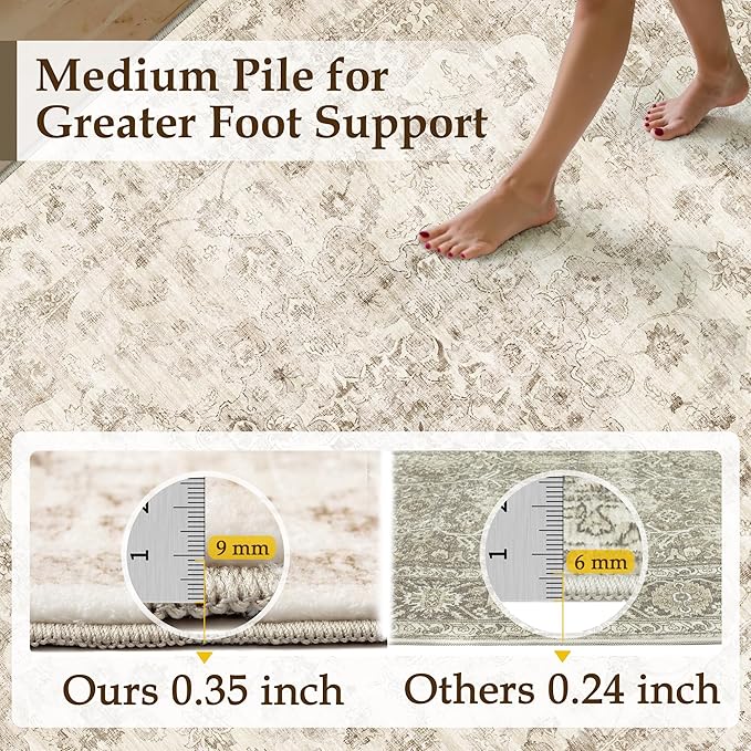 6x9 Washable Neutral Area Rug Beige Vintage Living Room Bedroom Carpet Non-Slip Soft Medium Pile Floral Indoor Throw Rug for Dining Room Entryway Office