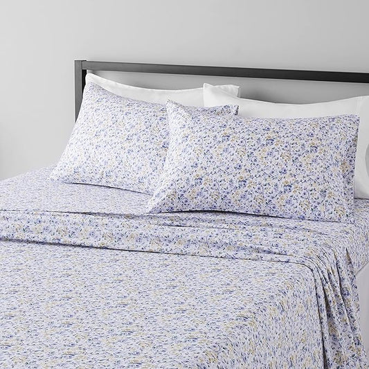 Amazon Basics Lightweight Super Soft Easy Care Microfiber 4 Piece Bed Sheet Set With 14-inch Deep Pockets, Queen, Blue Floral,Printed AmazonBasics
