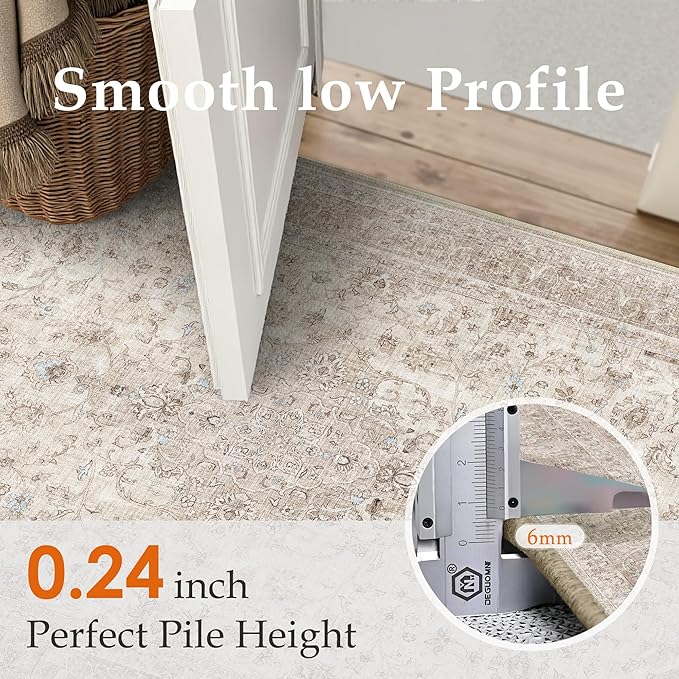 Beige Area Rug 4x5 Washable Office Entryway Vintage Carpet Low Pile Non Slip Distressed Door Mat Soft Traditional Retro Oriental Small Accent Throw Rug Kitchen Bedroom Bathroom Dining Room