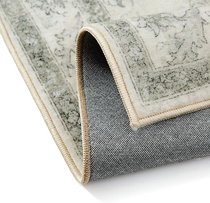 Green Area Rug 8x10 Washable Living Room Carpet Vintage Non Slip Soft Bedroom Indoor Office Retro Low Pile Thin Oriental Medallion Large Rug for Dining Room Playroom