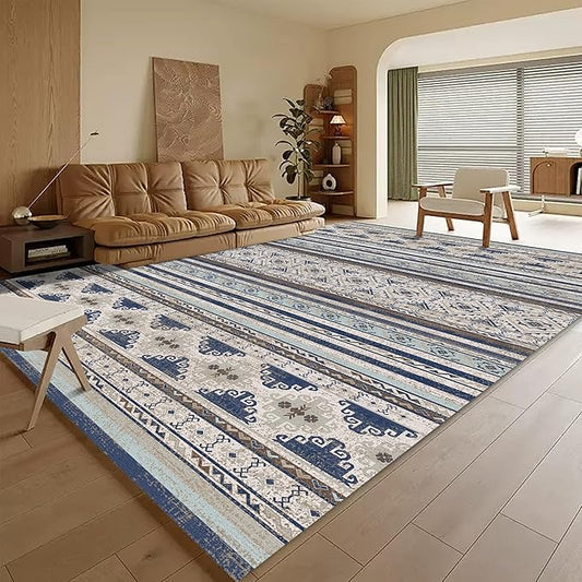RUGSURE Washable Area Rugs 9' x 12' - 1/6 Thick - Moroccan-Inspired -Stain & Water Resistant Non-Slip - Resistant Rug for Living Room, Bedroom, Nursery, Pet & Child Friendly (Blue and Brown)