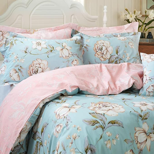 FADFAY Shabby Floral Duvet Cover Set Farmhouse Bedding Blue Cotton Summer Bedding with Hidden Zipper Closure 3 Pieces, 1duvet Cover & 2pillowcases (King/California King Size, Simple Style)