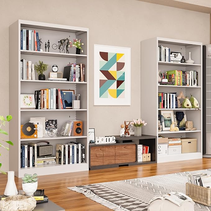 66" Tall Metal Bookcase, 5 Shelf White Bookcase with Adjustable Shelves, Large Bookshelves and Bookcases, Modern Book Shelf Storage Organizer for Living Room, Home Office, Library