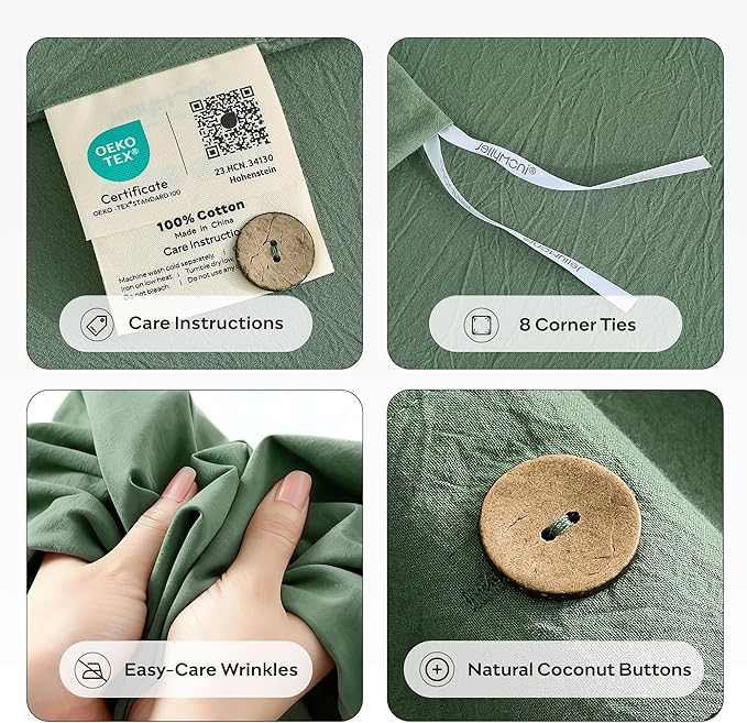 JELLYMONI 100% Washed Cotton Duvet Cover Twin – Soft, Breathable Linen-Look Bedding with Natural Wrinkle Texture, Button Closure, 3-Piece Set (Dusty Green, 68"x90")
