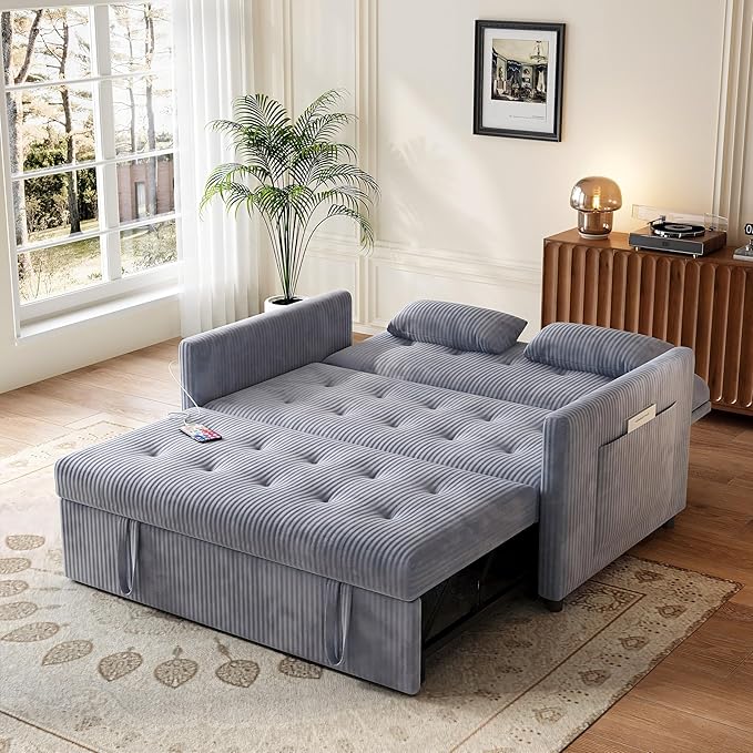Sofa Bed, Loveseat 3-in-1 Sleeper Sofa with Pull Out Bed and USB, Modern Corduroy 2 Seater Convertible Small Couch for Living Room Bedroom Apartment, Gray