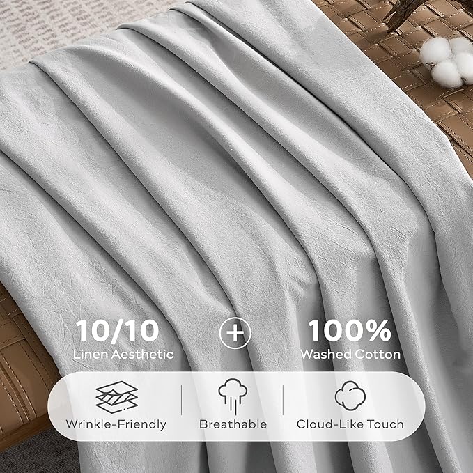 JELLYMONI 100% Washed Cotton King Pillowcases Set, 2 Pack Linen-Like Texture Breathable Pillow Covers with Button Closure,Pale Grey King 20"×36"(Pillows are not Included)