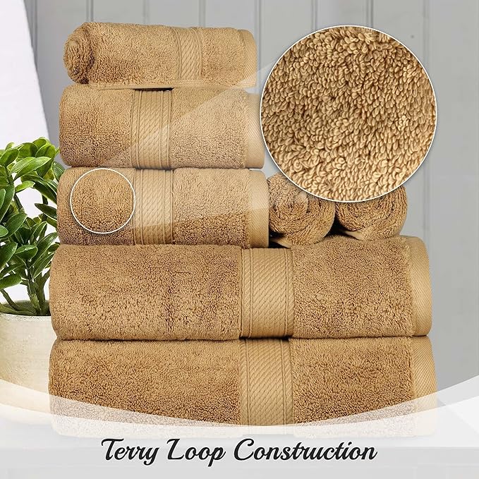 Superior Egyptian Cotton Pile Bath Towel Set of 4, Ultra Soft Luxury Towels, Thick Plush Essentials, Absorbent Heavyweight, Guest Bath, Hotel, Spa, Home Bathroom, Shower Basics, Toast