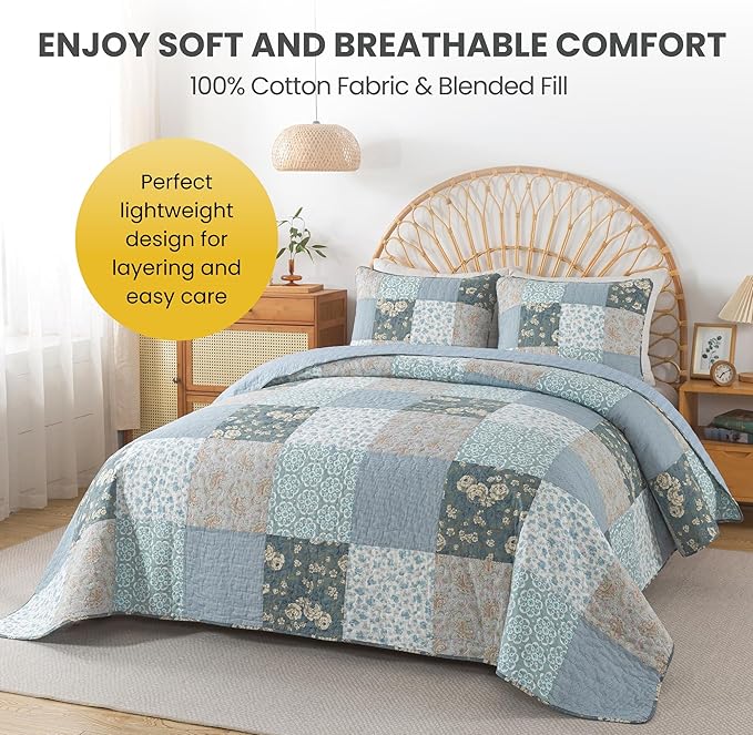 SLPR Wildflowers Cotton Quilt Set - King Size with 2 Shams, Blue Gray Floral Pieced Patchwork Design, Country Quilted Bedspread with Flower Pattern, Cottage Style Bedding for All Seasons