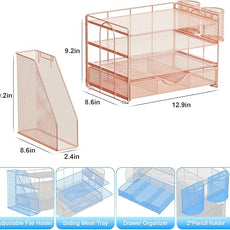 gianotter Desk Organizers and Accessories with File Holder, 4-Tier Desk Accessories & Workspace Organizers with Drawer and 2 Pen Holder, Paper Organizer for Office Supplies (Rose Gold)