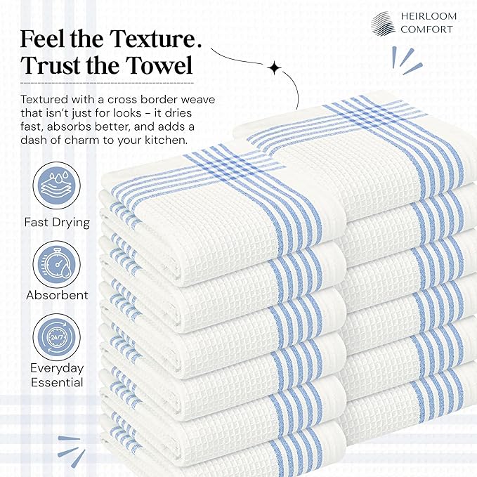 Sky Blue and White Cotton Kitchen Towels 3 Pack, 16x26 Inch, Waffle Weave, Quick Dry, Absorbent, Durable Dish Towels for Drying, Cleaning, Cooking, Daily Kitchen Use