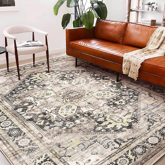 Washable Area Rug 10'x14' Black-Purple Khaki Retro Flowers Boho Design Non-Shedding Easy Care Ideal for High Traffic Areas in Living Room Bedroom Office Coffee Table Kitchen Large Carpet