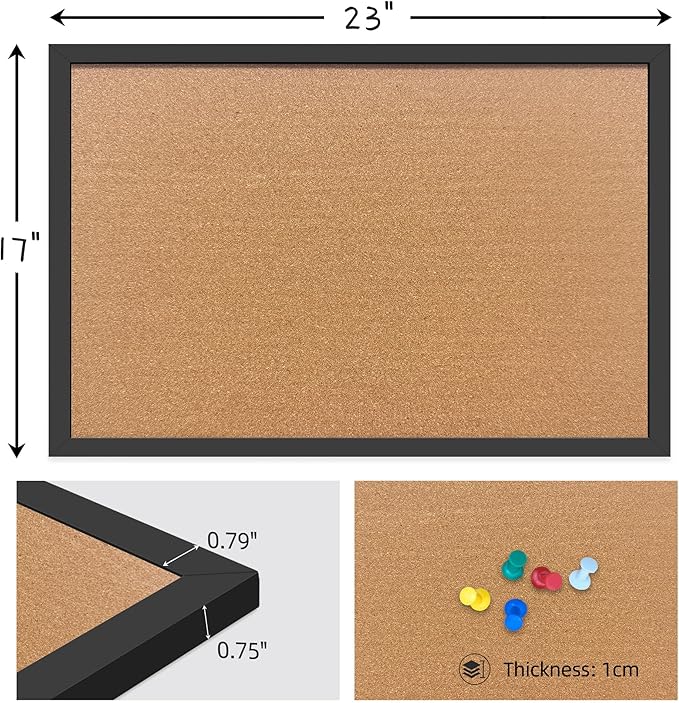 Cork Bulletin Board, 17x23 Inches Hanging Cork Board Wooden Framed with Pins for Wall, Dorm Room, Office, Home Decor – Natural Cork & Black Frame