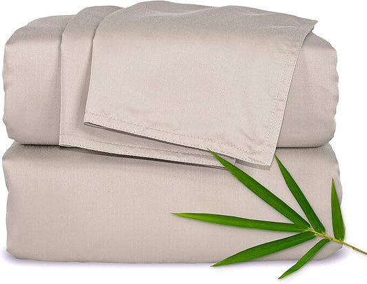 Pure Bamboo Split King Sheets, Genuine 100% Organic Viscose Derived from Bamboo Bed Sheet Set, Soft & Cooling, Double Stitching, 2 Fitted Sheets (Split King, Sand)