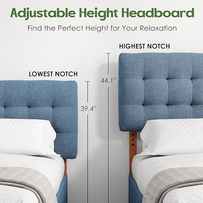 Upholstered Headboard Queen Size, Adjustable Height Queen Headboard Only from 39”to 44”with Durable Solid Wood Legs, Modern Button Diamond Fabric Bed Head Board with Width Adapters, Blue