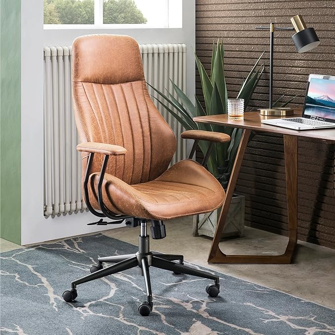 ovios Ergonomic Office Chair, High Back Faux Leather Executive Chairs with Armrests, Comfy High-Century Modern Swivel Rolling Computer Armchair (Brown, Suede Leather)