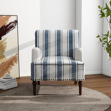 Accent Chair, Mid Century Modern Comfy Armchair for Living Room, Linen Fabric Single Sofa Lounge for Reading Bedroom Apartment Waiting Room with Wood Legs (Dark Blue Stripe, Set of 2)