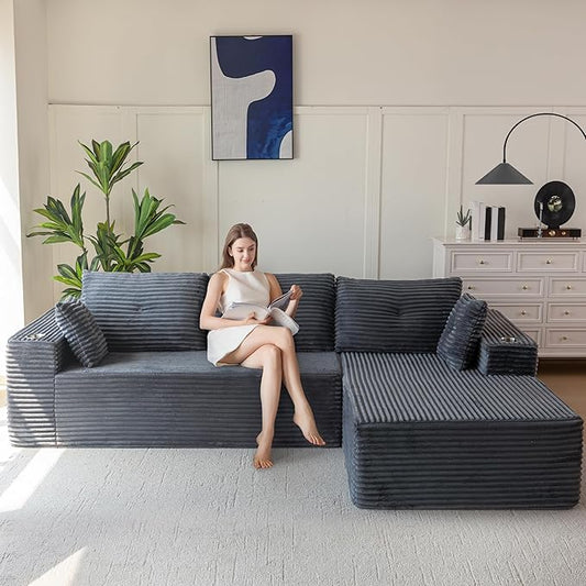 MAXYOYO 104" Modular Sectional Couch with L-Shape Chaise, Modern Boneless Couch for Living Room, Sofa in A Box, Oversized Sofa Sleeper with Deep Seat, No Assembly Required, Dark Grey