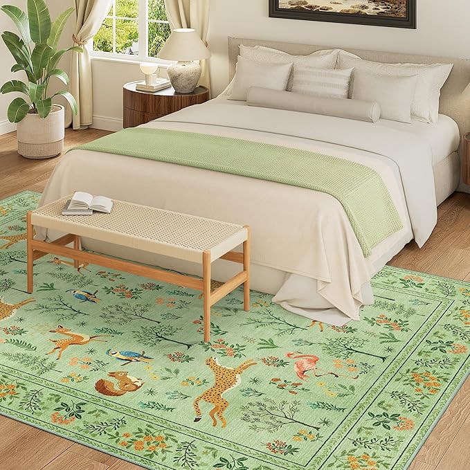 DUKINO 8x10 Rug, Washable Animal Living Room Rug with Non Slip Vintage Design, Soft Low Pile Large Carpet for Bedroom, Nursery, Dining Room, Farmhouse, Playroom, Light Green
