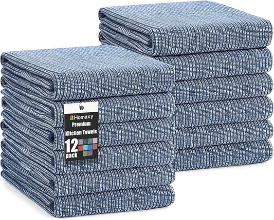 Homaxy Premium Kitchen Towels(18”x 28”, 12 Pack), Large Cotton Kitchen Hand Towels, Flat and Terry Dish Towels, 380 GSM Highly Absorbent Tea Towel Set with Hanging Loop, Navy Blue