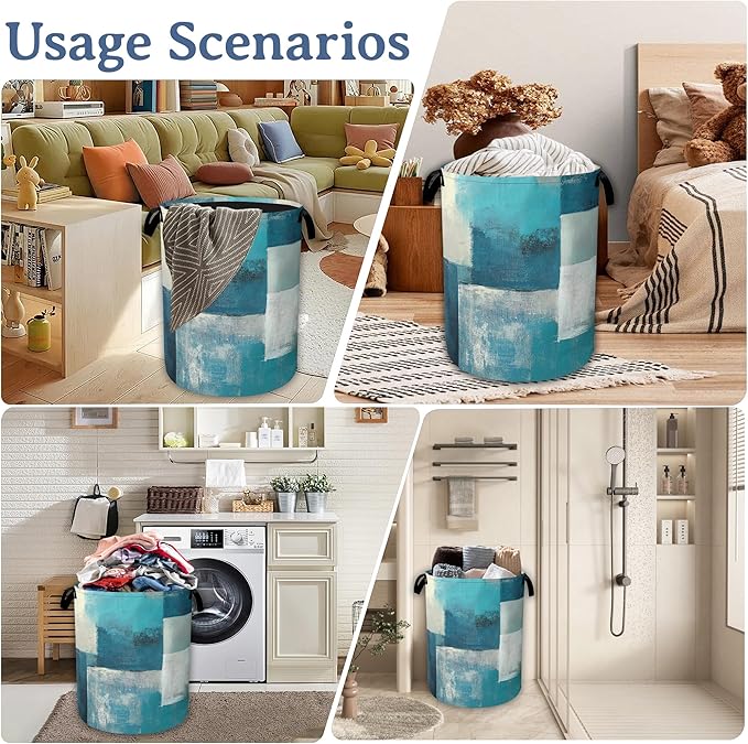 Turquoise Grey Abstract Art Painting Laundry Basket,Foldable Oxford Cloth Geometric Laundry Hamper with Handles, 20.8"x16" Tote Bag Clothes Storage Bucket for Laundry Room/Bathroom/Bedroom/Dormitories