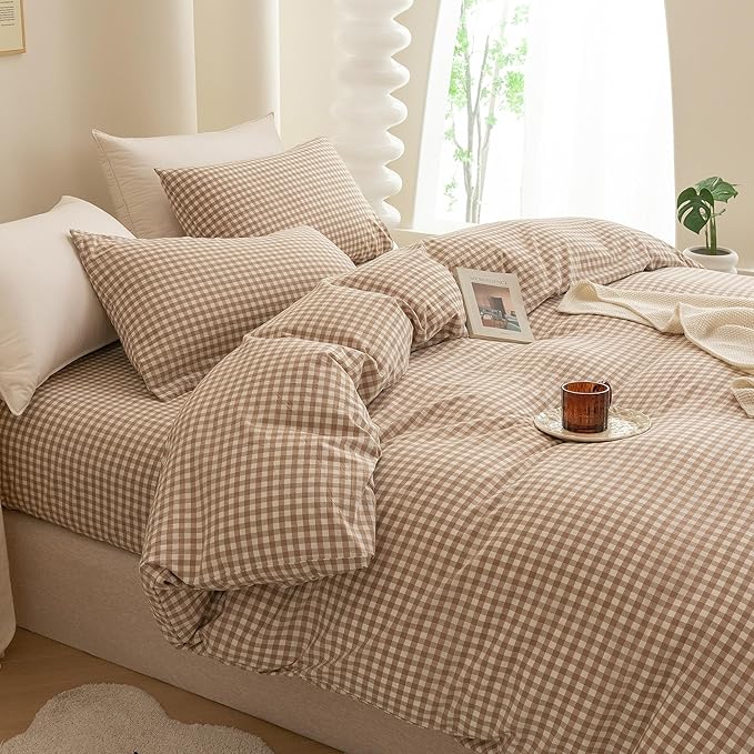 ECOCOTT Gingham Duvet Cover Queen Size 100% Washed Cotton Like Linen Feel Super Soft & Comfy Bedding Set Modern Checkered Design for All Seasons