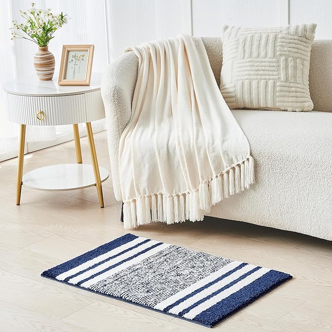 CozeCube Bath mats for Bathroom Non Slip, Fluffy Absorbent Microfiber Bath mat Washable, Aesthetic Bathroom Rugs, Small Navy Blue Striped Bath mat, Navy Blue, 24" x 16"