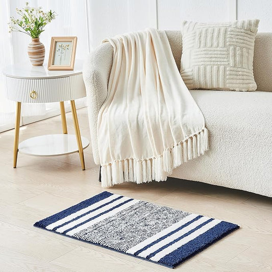 CozeCube Bath mats for Bathroom Non Slip, Fluffy Absorbent Microfiber Bath mat Washable, Aesthetic Bathroom Rugs, Small Navy Blue Striped Bath mat, Navy Blue, 24" x 16"