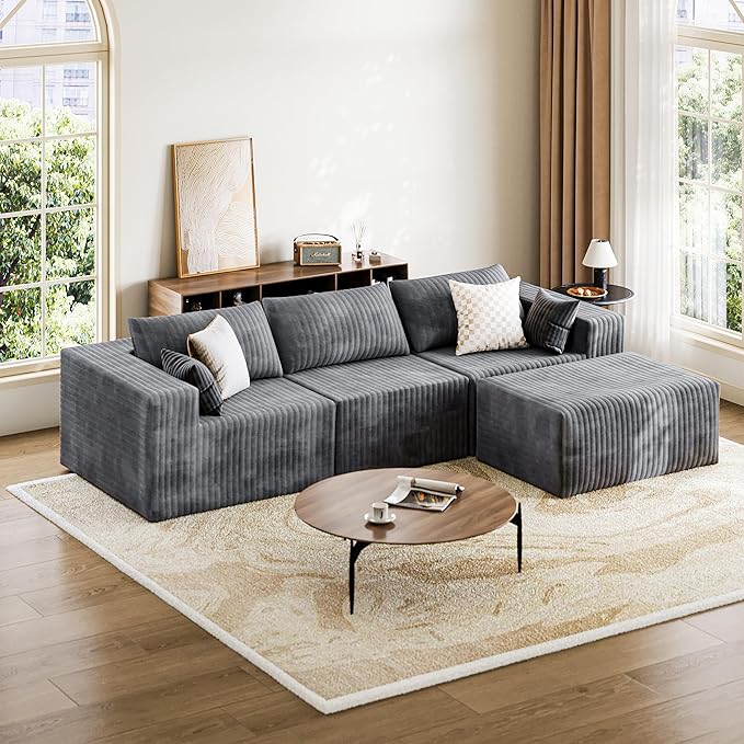 110" Cloud Couch Sectional for Living Room L-Shape Boneless Couches Modular Sectional Sofa with Deep Seat Plush with Chaise,No Assembly Required, Carbon Gray(Plush Corduroy Fabric)
