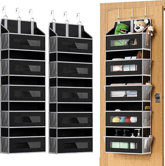 2 Packs 5-Tier Over the Door Storage Organizer with 10 Side Mesh Pockets, 48 lbs Load Capacity, 3 Hooks Design, Hanging Organizer with Clear Windows for Bathroom, Bedroom, Nursery, Kitchen-Black