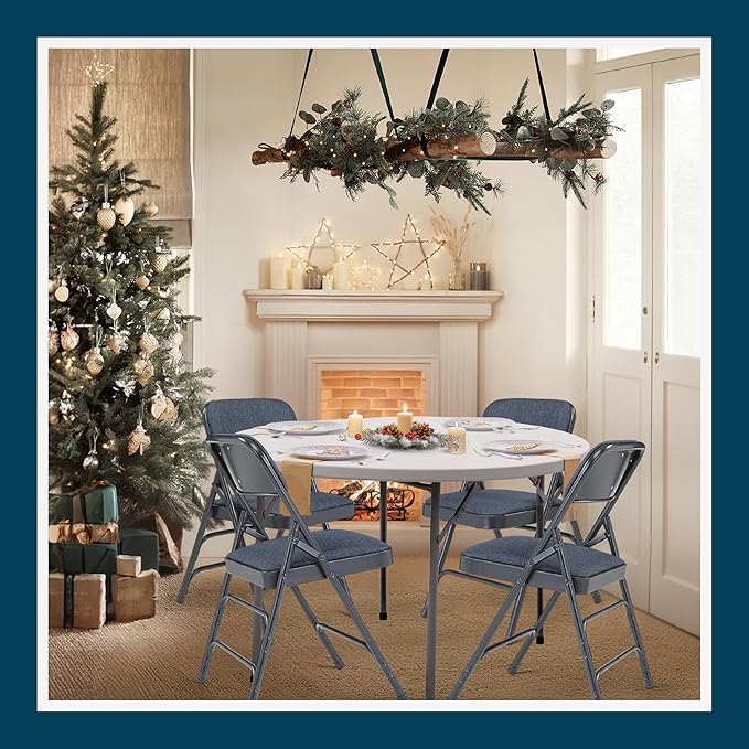 OEF Furnishings OEF2300 Series Heavy-Duty Premium Fabric Padded Upholstery Double-Hinged Triple-Braced Folding Chairs (4-Pack, Midnight Blue)
