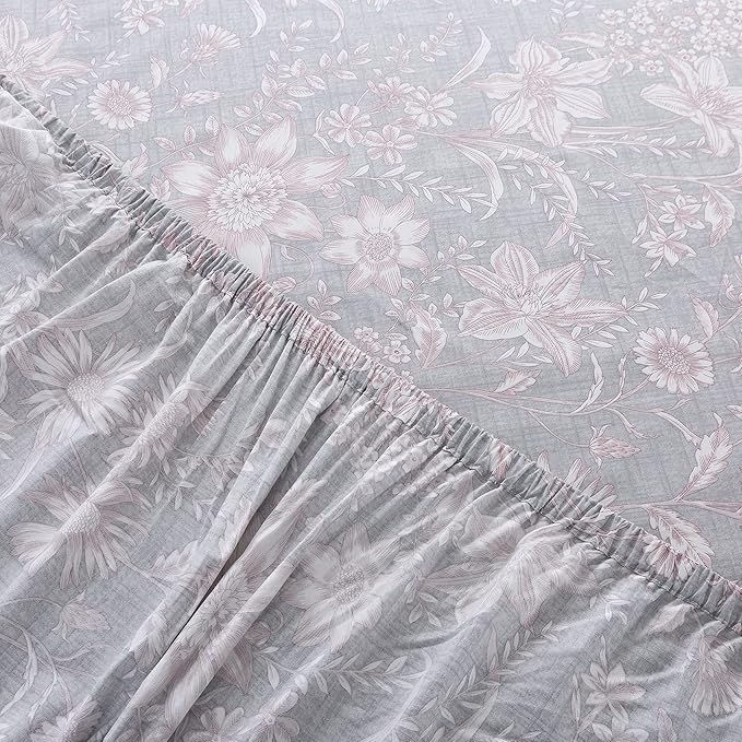 FADFAY Sheets Set King Shabby Pink and Grey Floral Bedding Vintage Sunflower 600TC Elegant Summer 100% Cotton Super Soft Hypoallergenic Deep Pocket Bed Sheets Set, 4Pcs-King Size