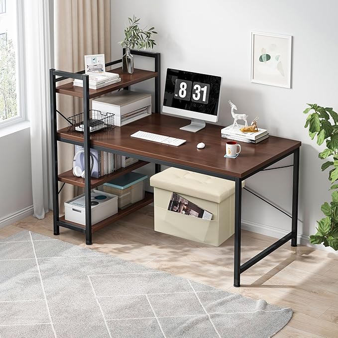 AmasSmile Storage Ottoman Folding Foot Rest Stool with Side Pocket, 16 inches Leather Footstool Bench, Short Ottoman Bench, Storage Foot Rest Store, Books, Beige