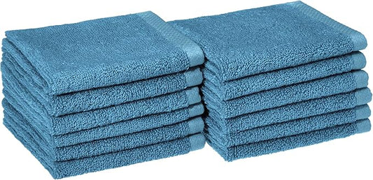 Amazon basics cotton washcloths, Lightweight quick-dry, 12" x 12", 12-pack, lake blue