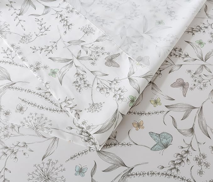 FADFAY Floral Sheets King Colorful Butterfly Bed Sheets Set Vintage Botanical Bedding Shabby Branches Leaves Bedding Collections 100% Percale Cotton Breathable Super Soft Deep Pocket 4Pcs, King Size