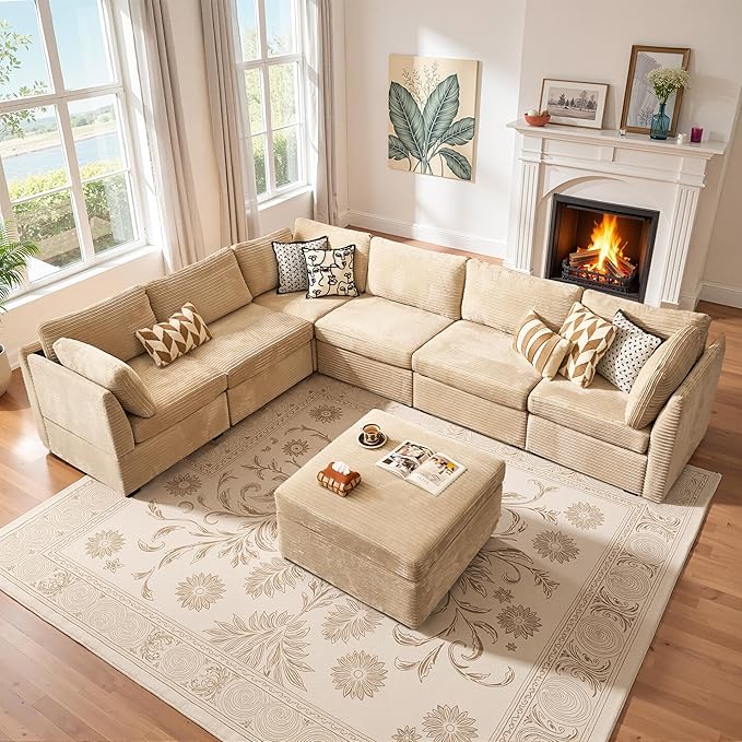 Large 7 Seat Modular Sectional Sofa with Ottoman Seat Corduroy Sleeper Sectional Sofa Bed Oversized Convertible Modular Couch for Living Room