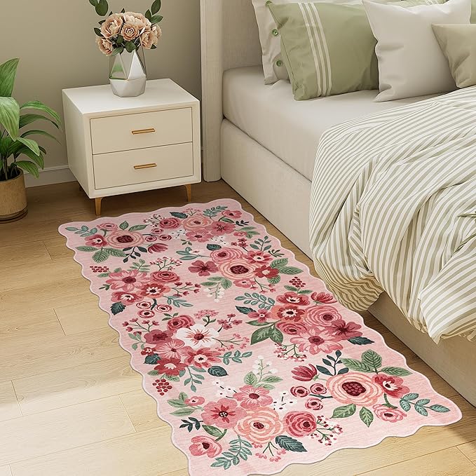 DUKINO 2x4 Washable Runner Rugs, Non Slip Floral Print Entryway Rug with Soft Low Pile, Lightweight Mat for Living Room, Bathroom, Bedroom, Kitchen, Pink